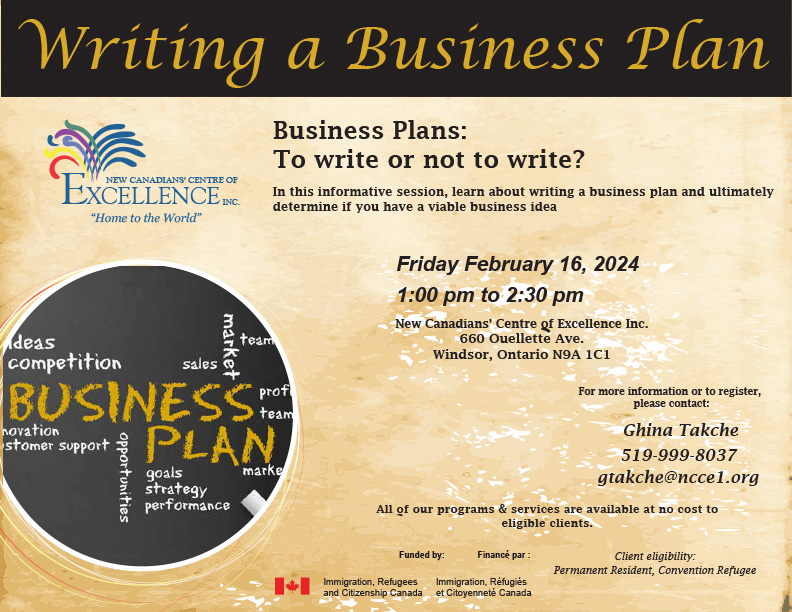 Writing a Business Plan @ New Canadians’ Centre of Excellence Inc. | Windsor | Ontario | Canada